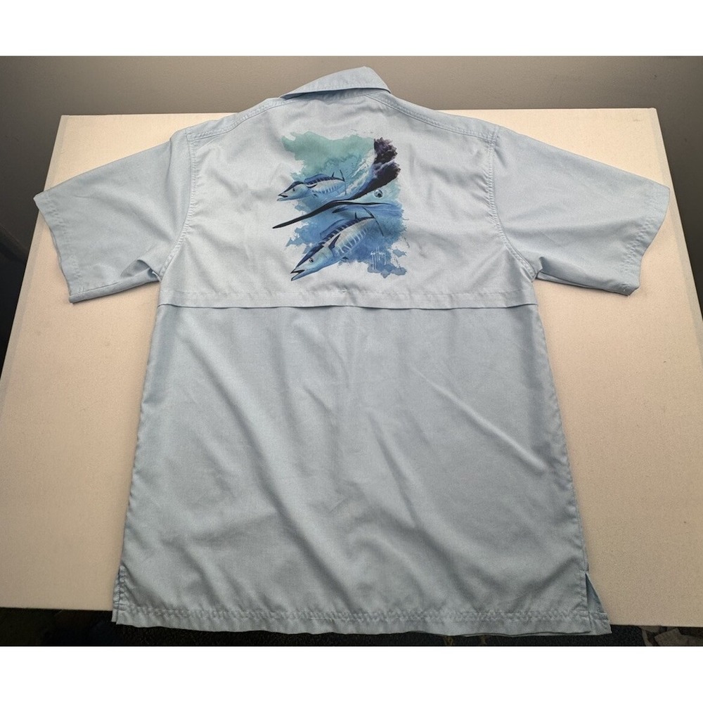 Guy Harvey AFTCO Mens Size L Marlin Short Sleeve Button Down Blue‎ *Stain*